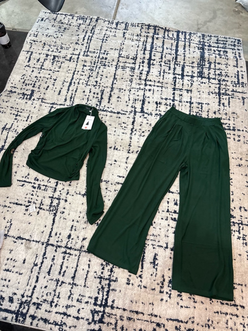 Dark Green Wide-Leg Pants & Long-Sleeve Top Set